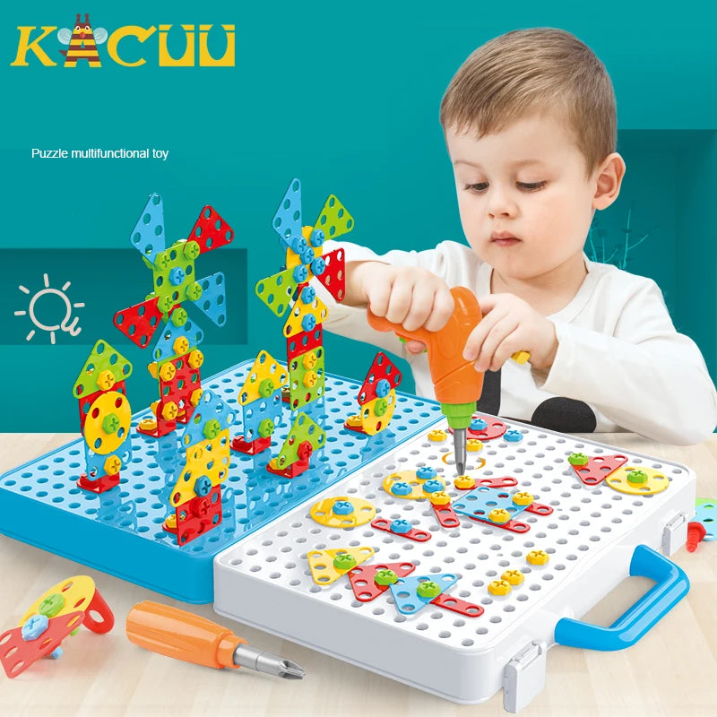 Drilling Screw 3D Creative Mosaic Puzzle Toys For Children Building Bricks Toys Kids DIY Electric Drill Set Boys Educational Toy